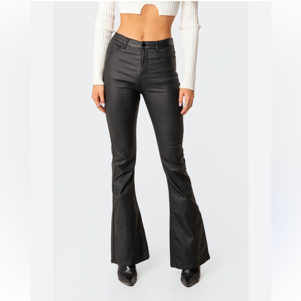 Edikted Luna Faux Leather Flare Jeans medium